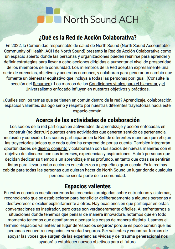 Screenshot of the resource describing the collaborative action network in Spanish.