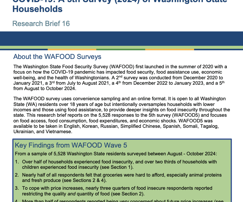 WAFOOD Brief 16 – Food Security and Food Assistance in the Wake of COVID-19: A 5th Survey (2024) of Washington State Households