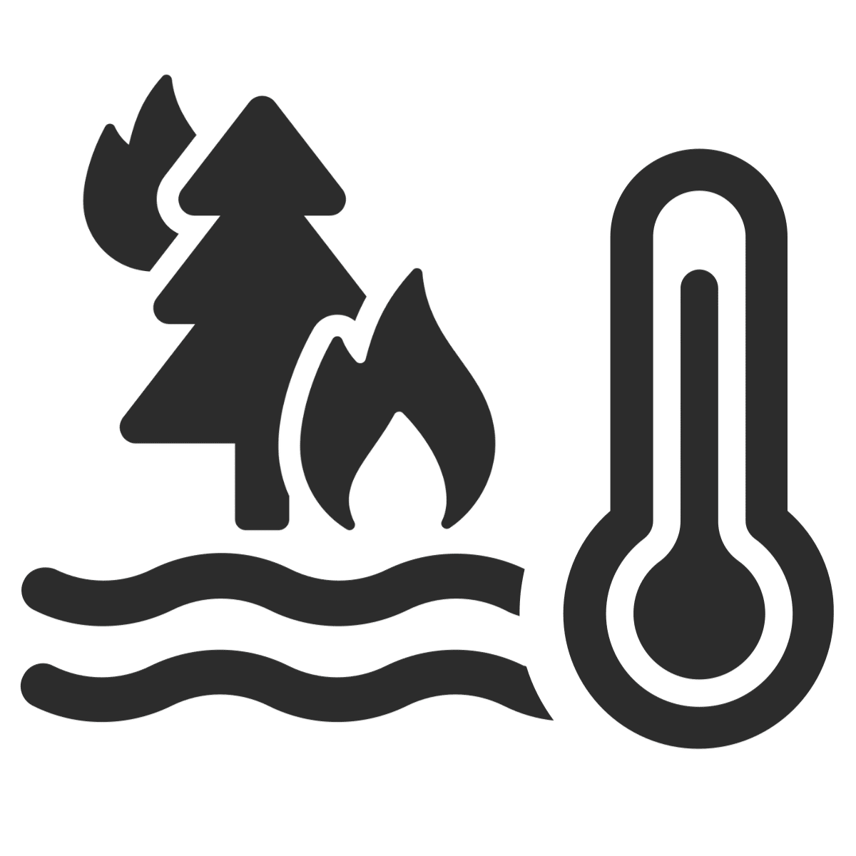 icons featuring a tree on fire, a thermometer, and water